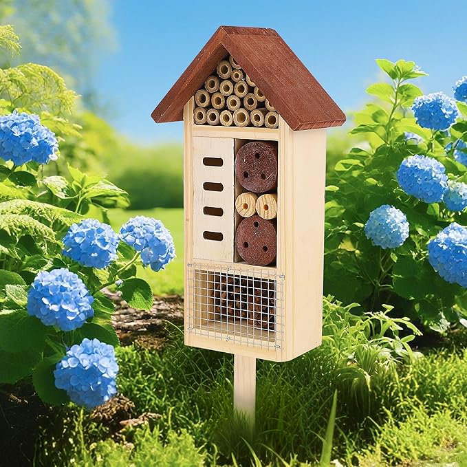 Lulu Home Wooden Insect House with Stake, Hanging & Inserting Two Mount Ways Insect Hotel for Bee, Butterfly, Ladybirds, Beneficial Insect Habitat, Bug Hotel Garden, 19.7 X 3.4 X 5.4 Inch