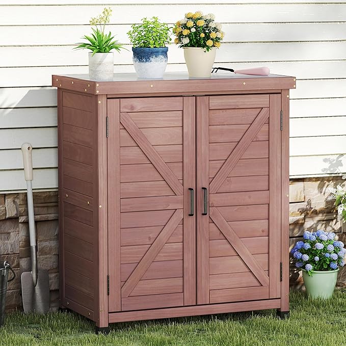 Outdoor Storage Cabinet & Potting Bench Table with Metal Top, Wooden Patio Furniture, Garden Workstation (Royal Brown, 36x31x17in)