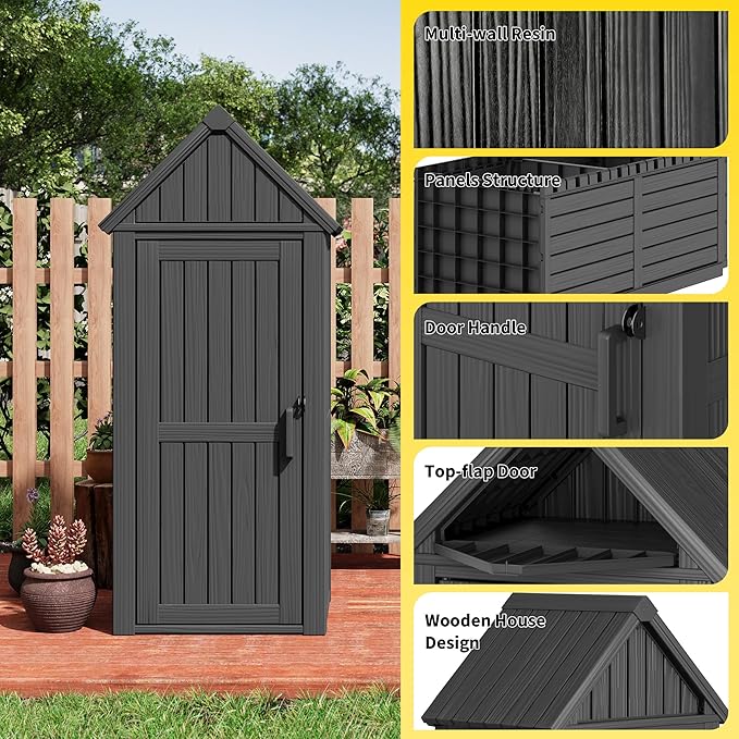 Outdoor Resin Storage Shed, Upgrade Durable Storage Cabinet with Removable Shelves and Lock Ring, Reinforced Floor, All-Weather Construction for Garden Patio Lawn (Black)
