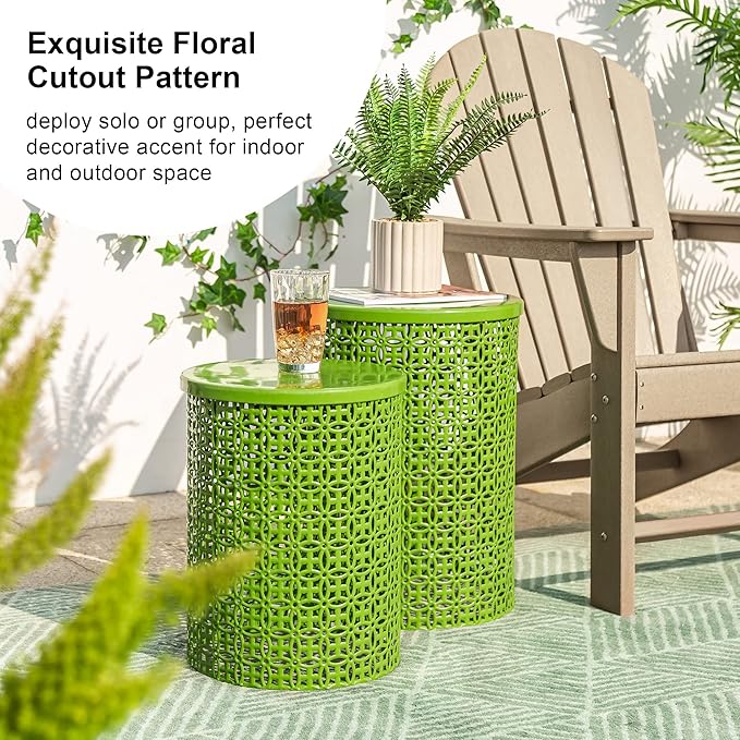 Glitzhome Outdoor Side Table Set of 2, Decorative Garden Stool for Indoor Outdoor Heavy Duty Metal Frame Accent Table Modern End Table, Glossy Green