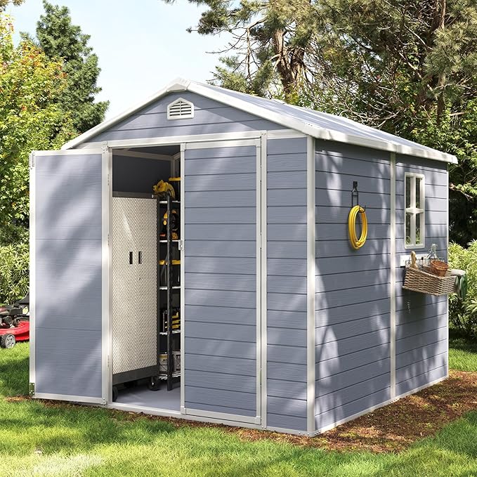 Aoxun 8 x 6 FT Outdoor Storage Shed with Window, Resin Shed with Floor & Lockable Doors, Garden Shed Waterproof Plastic Tool Shed with Sloped Roof for Backyard, Garden, Patio, Lawn, Grey