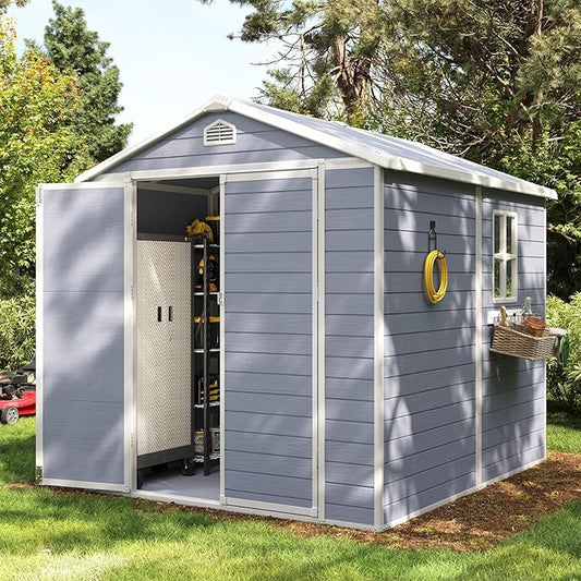 Aoxun 8 x 6 FT Outdoor Storage Shed with Window, Resin Shed with Floor & Lockable Doors, Garden Shed Waterproof Plastic Tool Shed with Sloped Roof for Backyard, Garden, Patio, Lawn, Grey