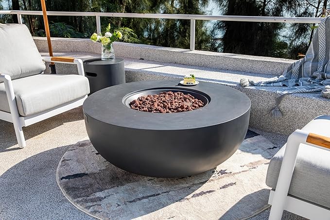 AMS Creations | Eclipse 44" Round Cast Concrete Natural Gas Fire Pit Bowl Table | Dark Gray | Smooth Texture Surface | Electronic Ignition | Outdoor Patio Heater Outside Backyard Fireplace