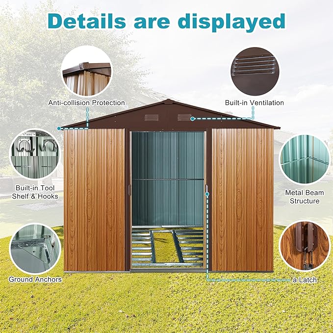 Sheds & Outdoor Storage 8ft x 10ft Iron Storage Shed with Metal Foundation Metal Garden Shed Tool Storage Cabinet with Secure Sliding Doors with Padlock for Backyard, Patio, Poolside, Coffee