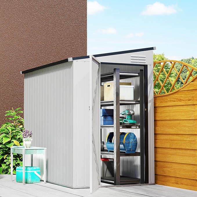 Outsunny 4' x 6' Metal Outdoor Storage Shed, Lean to Storage Shed, Garden Tool Storage House with Lockable Door and 2 Air Vents for Backyard, Patio, Lawn, White