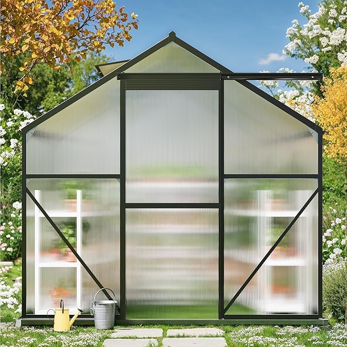 Gizoon 6x4 FT Outdoor Greenhouse, Quick Setup Polycarbonate Greenhouse with Adjustable Roof Vent and Sliding Door, Aluminum Walk-in Greenhouses for Outside Backyard Gardening (Black, 6X4FT)