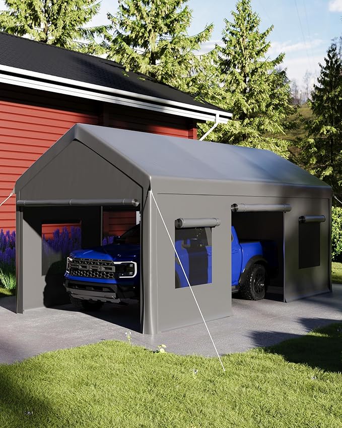 10x20ft Heavy Duty Carport with PE Fabric and Galvanized Steel Frame,Portable Garage with Roll-Up Doors and 4 Windows,Car Canopy with All-Season Tarp for Car, Truck, Boat.