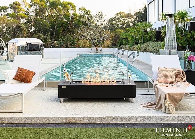 Elementi+ | Valencia Gas Fire Pit | Cast Concrete Body & Marble Porcelain Top | 62" Rectangular Fire Table | Electronic Ignition | Canvas Cover, Fire Glass & Burner Lid Included | Black | Natural Gas