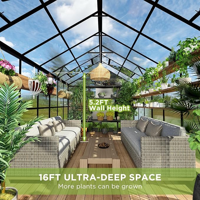 HOWE 8x16x7.5 FT Polycarbonate Greenhouse with Swing Doors, 4 Vents, 5.2FT Added Wall Height, Walk-in Large Aluminum Greenhouse for Outdoors, Black