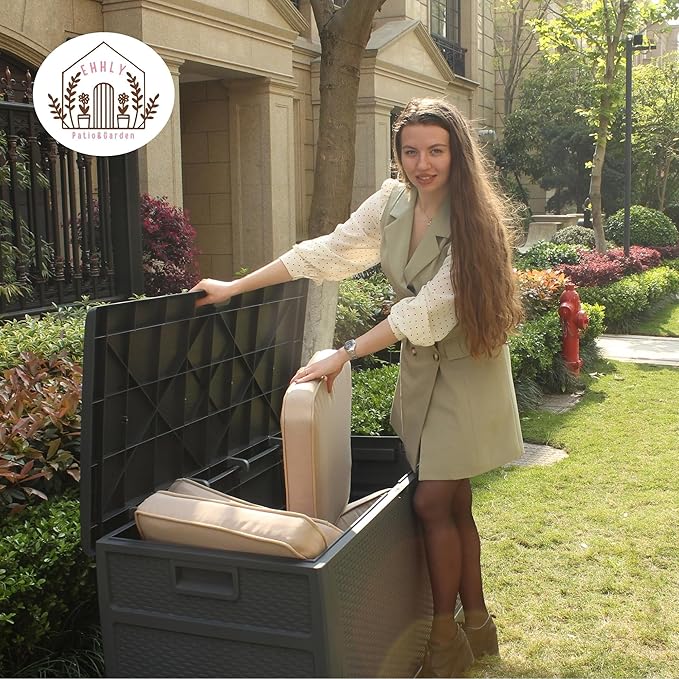 121 Gallon Outdoor Storage Box Large, Lockable Outside Storage Containers Waterproof Patio Cushions Deck Boxes, Rattan Plastic Garden Hose Boxes Resin Pool Storage Bins, Grey