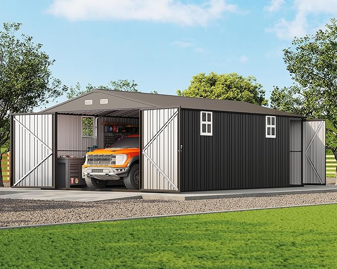 Jocisland 13.2x20.7x8.4 FT Heavy Duty Carport, Metal carport with 2 Lockable Doors & 4 Windows, Carport Canopy for for Car, Truck, Garbage Can, Tool, Lawnmower, Dark Gray