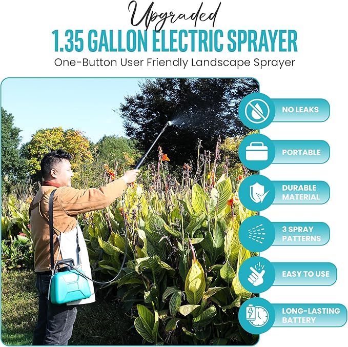 Automatic Battery Powered Sprayer – 1.35 Gal Cordless Electric Sprayer with Zero Pump, Electric Water Sprayer with 3 Nozzles, USB Rechargeable Handle, & Adjustable Shoulder Strap