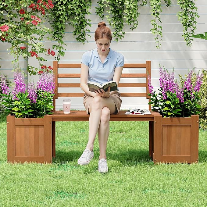 Giantex 2-in-1 Outdoor Bench with Backrest & 2 Raised Garden Beds, Wood with Teak Oil Finish, Planter Boxes with Open-Ended Base, Garden Bench Seat for Porch Balcony Lawn Yard, DIY Assembly