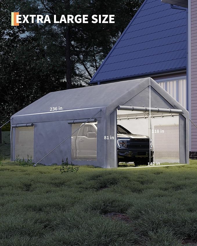 12x20 Ft Carport, Heavy Duty Portable Garage with Roll-Up Doors & 4 Windows,200g PE Tarp Waterproof & UV Protected,All-Weather Design,for Car, Boat, Truck, Motorcycle, ATVs, and SUV