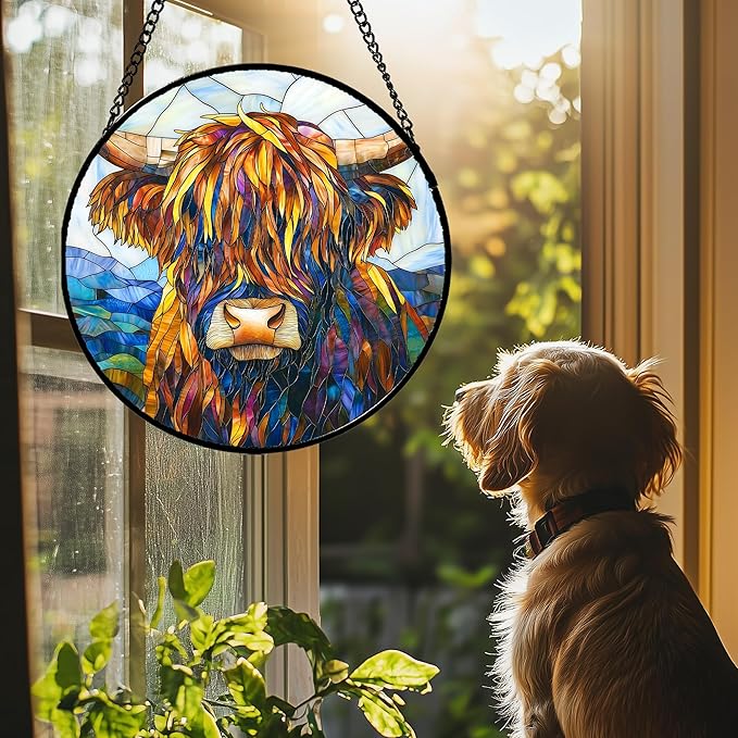Stained Glass Window Hanging - Highland Cattle Suncatcher for Door Terrace Garden Home Decor Western Style Brown Cow Sun Catcher Birthday Gifts for Lovers Women Men Dad Mom Nana 11.8 in
