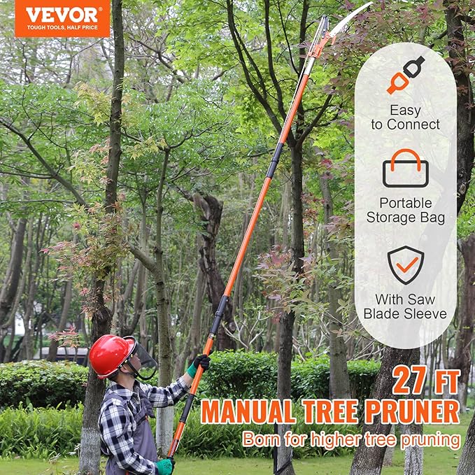 VEVOR Manual Pole Saw, 7.3-27 ft Extendable Tree Pruner, Sharp Steel Blade and Scissors High Branches Trimming, Branch Trimmer with Lightweight 8 Fiberglass Handles, for Pruning Palms and Shrubs