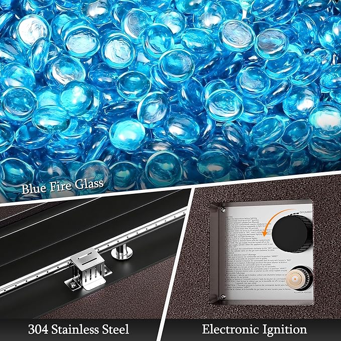 UPHA 56-inch Outdoor Propane Gas Fire Pit Table 50000 BTU Iron Rectangle Firepit for Outside Patio with Tank Hidden Table, Wind Guard, Removable Lid, Blue Glass Rocks, Rain Cover, Brown