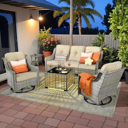 5 Pieces Patio Outdoor Furniture Set with Swivel Rocking Chairs,All Weather Wicker Rattan Patio Seating Sofa and Chair Set w/Glowing Table,Outdoor Conversation Sets for Deck Yard Garden,Beige