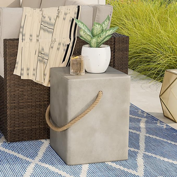 COSIEST Set of 2 Concrete Side Table, Rectangular Outdoor Side Table w Hemp Rope Handles,15''Patio Side Tables End Table, Outdoor Accent Side Table for Garden and Patio, Grey
