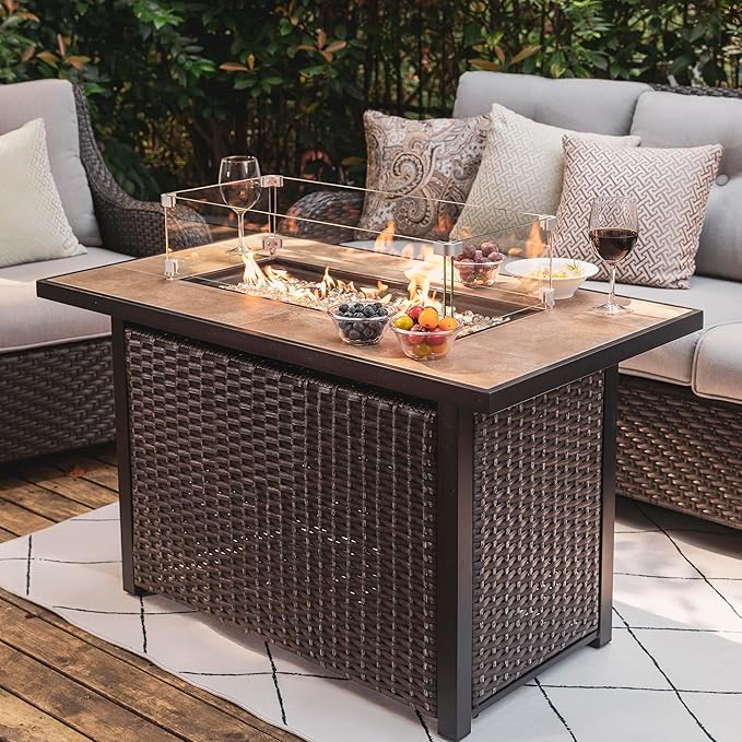 Nuu Garden Outdoor 43" 50,000 BTU Propane Gas Fire Pit Table, Ceramic Tabletop and Rattan Weaved Iron Frame, Water-Proof Oxford Cover, Glass Wind Guard, Glass Beads, Lid Included, Dark Brown & Coffee