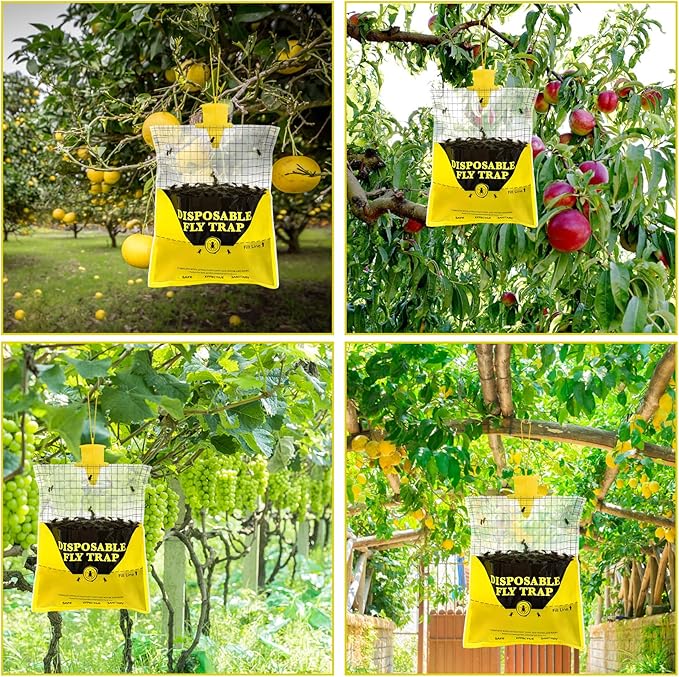 Glovv 10.8 * 12.6 Inch Fly Trap for Patio, Big Bags Outdoor Disposable 4 Pack, Hanging Fly Catcher with Bait, Hunter Stable Horse Ranch Control Repellent Killer for Barn, Farm, Mosquito, Bugs