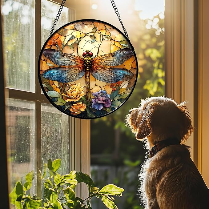 Stained Glass Window Hanging - Orange Blue Dragonfly Flower Suncatcher for Doors Window Home Sun Catchers Decor Christmas Mother's Day Birthday Outdoor Gifts for Women Men Mom Nana 11.8 in