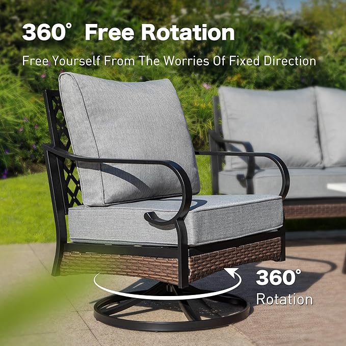 4 Piece Black Metal Outdoor Patio Furniture Sets with Firepit Table, Patio Conversation Sets 1 3-Seater Sofa, 2 Swivel Sofa with 5.75" Thick Cushion Backyard Furniture for Deck, Gray