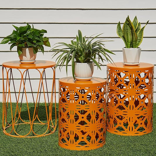 Y&M Patio Side Table,Indoor End Tables for Bedroom, Set of 3 Stacking Coffee Table for Living Room, Outdoor Decorative Garden Stool with Heavy Duty Metal Frame Modern Industrial Decor - Orange