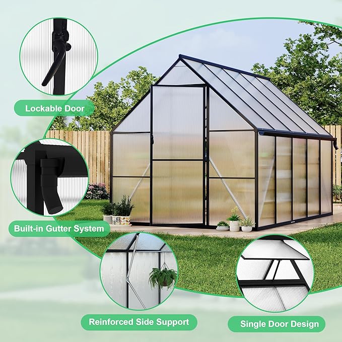 Aluminum Polycarbonate Greenhouse for Outdoors, Large Walk-InGreenhouse with Quick Setup Structure and Roof Vent, Greenhouse with Ventilation and Rain Gutter