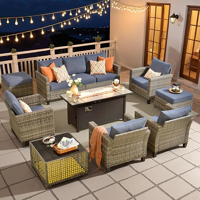 HOOOWOOO Outdoor Patio Furniture Set,9 Pieces Wicker Conversation Set,All Weather Couch Set with Fire Pit Solar Light Table Chairs Ottoman 9 Seaters for Out Door Yard(Denim Blue)