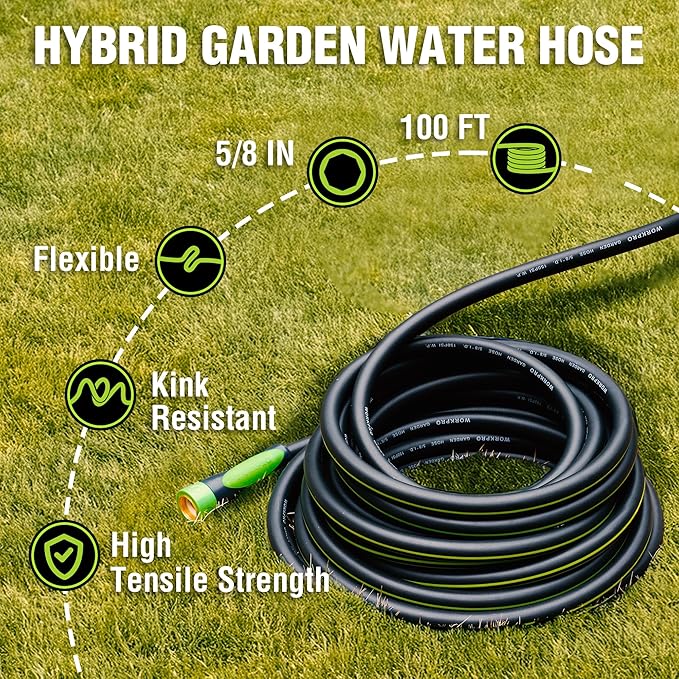 WORKPRO Hybrid Garden Hose 5/8 in.x 100ft, Water Hose Heavy Duty, Flexible, Lightweight Hybrid Rubber Hose with Rotary Handle, 3/4" Solid Brass Fittings, Outdoor Watering Hose for Lawn, Garden & Yard
