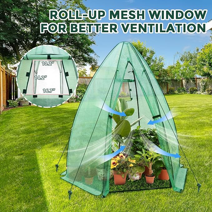 EAGLE PEAK Portable Mini Dome Greenhouse with Zippered Door and Mesh Window, Outdoor Mini Hexagon Greenhouse Kit for Indoor Outdoor Gardening 63"x63"x72", Green PE Cover