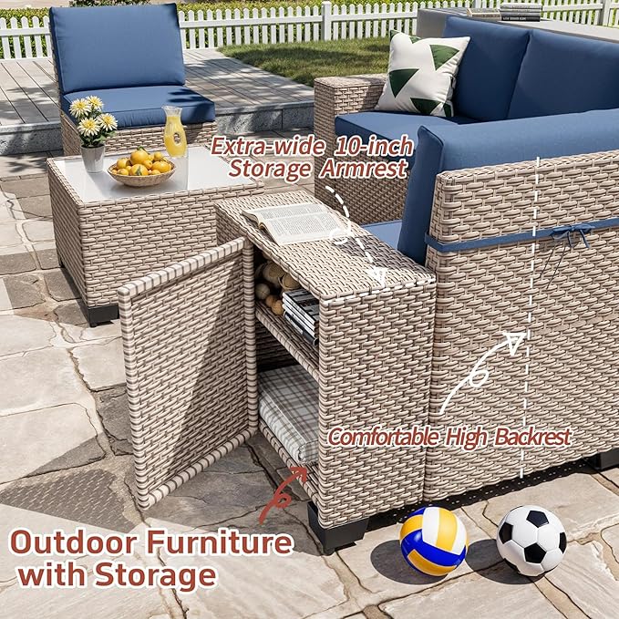7 Pieces Patio Furniture Set with Fire Pit Table, Outdoor Sectional Wicker Sofa with Thickened Cushions and Coffee Table, High Back Rattan Patio Conversation Sets, Navy