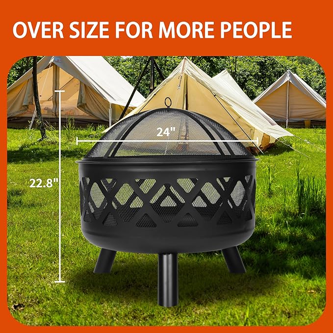 Red Mountain Valley 24'' Outdoor Wood Burning Fire Pit with Spark Screen, Fire Poker, Cover, 2-in-1 Functionality Cross-Woven Steel Fire Pits for Outside, Outdoor Fireplace for Camping,Patio,Backyard