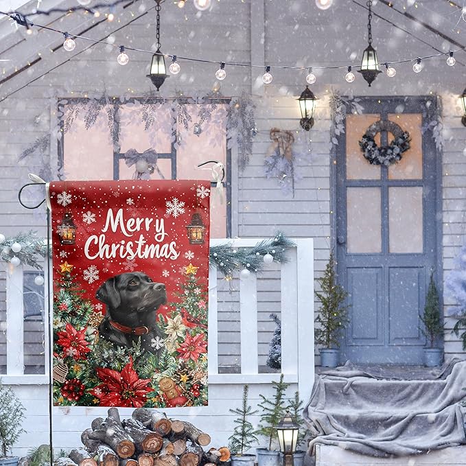 Christmas Black Lab Garden Flag Merry Christmas Labrador Dog Yard Flag for Outside Xmas Flags 12x18 Double Sided Red Poinsettia Garden Flags Winter Porch Outdoor Decor