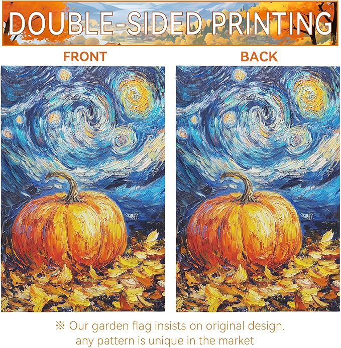 Fall Pumpkin Garden Flag Autumn Golden Leaf Yard Flags Van Gogh Oil Painting House Banner Art Starry Night Sky Moon Thanksgiving Harvest Garden Flags for Outside Porch Lawn Decor 12 x 18 Inch