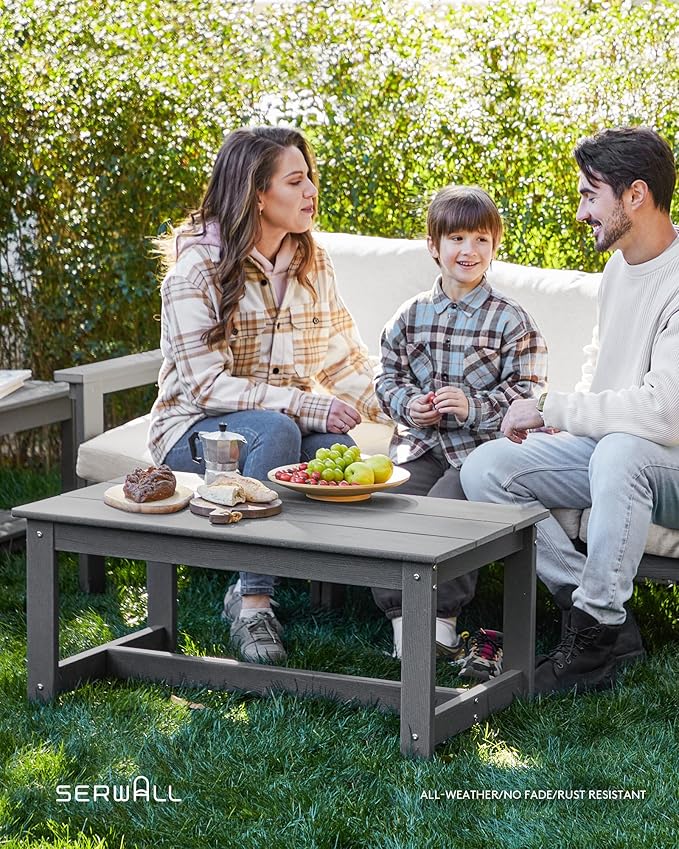 SERWALL HDPE Patio Furniture Set, 7-Piece Outdoor Sectional Sofa Set, All Weather Outdoor Couch Set for Deck, Lawn, Grey Frame with Khaki Cushion