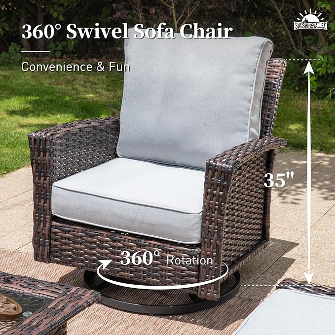 4 Pieces Patio Furniture Set with Swivel Chairs, High Back Wicker Rattan Sofa with Extra Thick Cushion and Coffee Table, Outdoor Conversation Set for Garden Backyard Deck, Grey