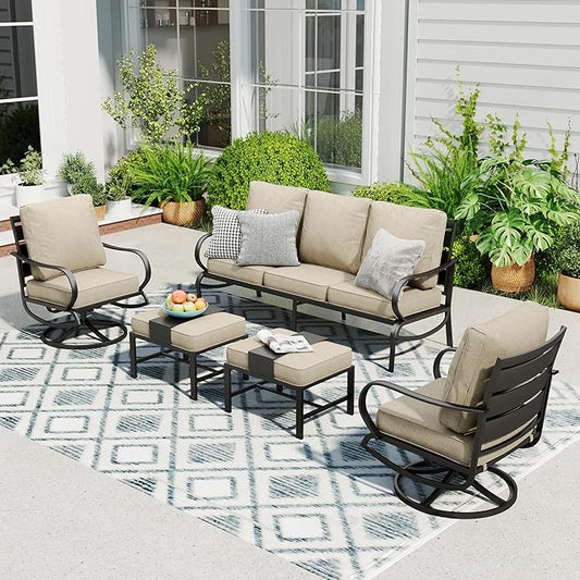 Sophia & William Patio Furniture Sets for 5 Outdoor Metal Conversation Sets 5 Pcs with 2 x Cushioned Swivel Sofa Chairs, 2 x Ottomans as Coffee Table, 1 x 3-Seat Sofa, Lawn Backyard Poolside Beige