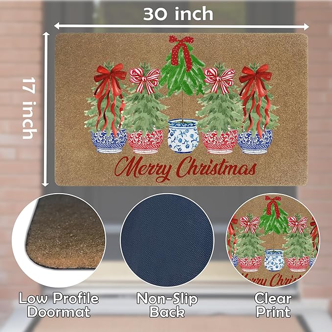 Red White and Blue Chinoiserie Faux Christmas Coir Door Mats Outdoor, Merry Christmas Door Mat for Outside Entryway, Xmas Tree Welcome Doormat for Indoor Outdoor Porch Entrance, 17x30 Inch