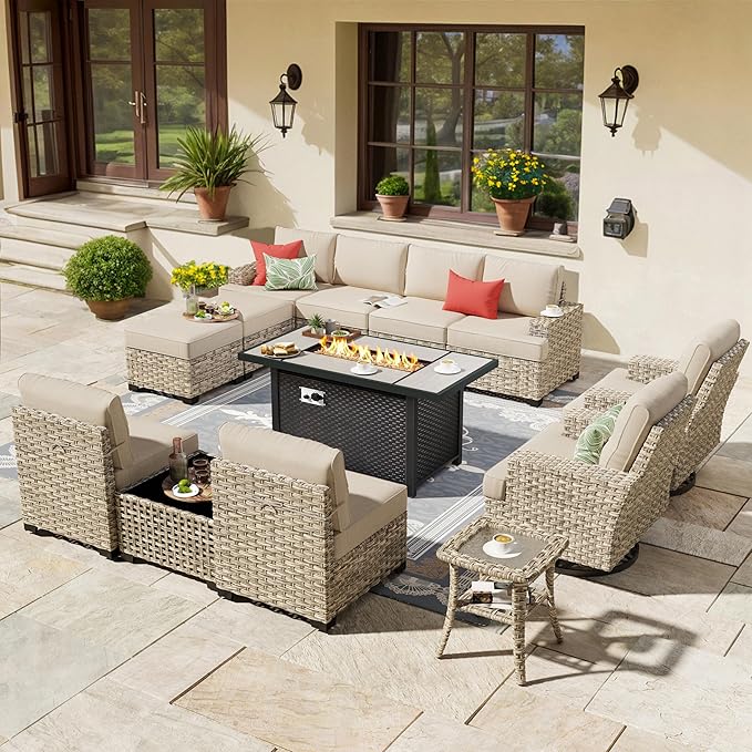 HOOOWOOO Outdoor Sectional Patio Furniture Set with Fire Pit Table,13 Pieces Wicker Conversation Sets L Shaped Couch,Extra Deep Out Door Sofa Outside Furniture with Swivel Chairs Ottomans,Beige