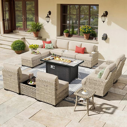 HOOOWOOO Outdoor Sectional Patio Furniture Set with Fire Pit Table,13 Pieces Wicker Conversation Sets L Shaped Couch,Extra Deep Out Door Sofa Outside Furniture with Swivel Chairs Ottomans,Beige