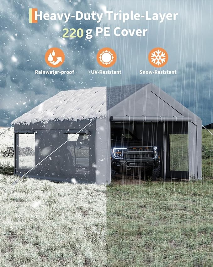 13x20 Ft Carport with 8 Sandbags, Car Port with 220g PE Tarp, 2 Roll-Up Doors, and 4 Windows, for Full-Size Pickups, Bass Boats, Tractors, and SUVs, Gray