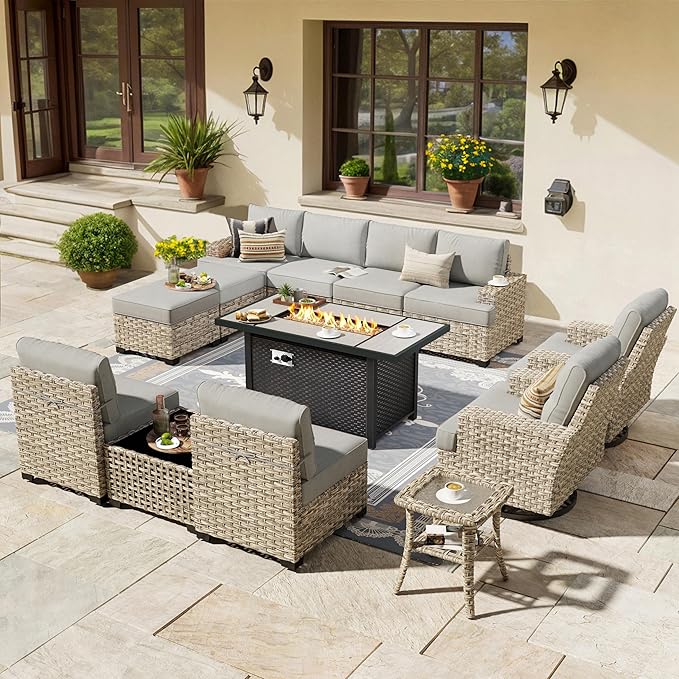 HOOOWOOO Outdoor Sectional Patio Furniture Set with Fire Pit Table,13 Pieces Wicker Conversation Sets L Shaped Couch,Extra Deep Out Door Sofa Outside Furniture with Swivel Chairs Ottoman,Charcoal Gray