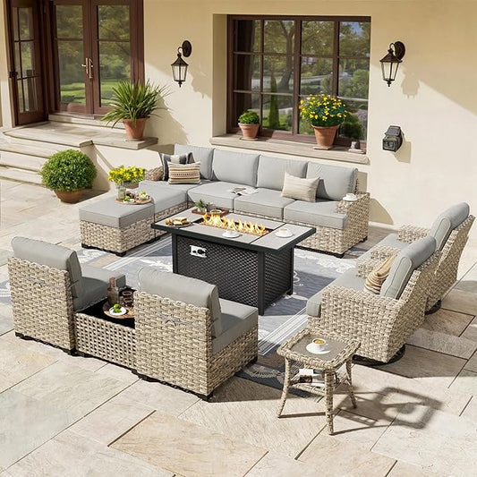 HOOOWOOO Outdoor Sectional Patio Furniture Set with Fire Pit Table,13 Pieces Wicker Conversation Sets L Shaped Couch,Extra Deep Out Door Sofa Outside Furniture with Swivel Chairs Ottoman,Charcoal Gray