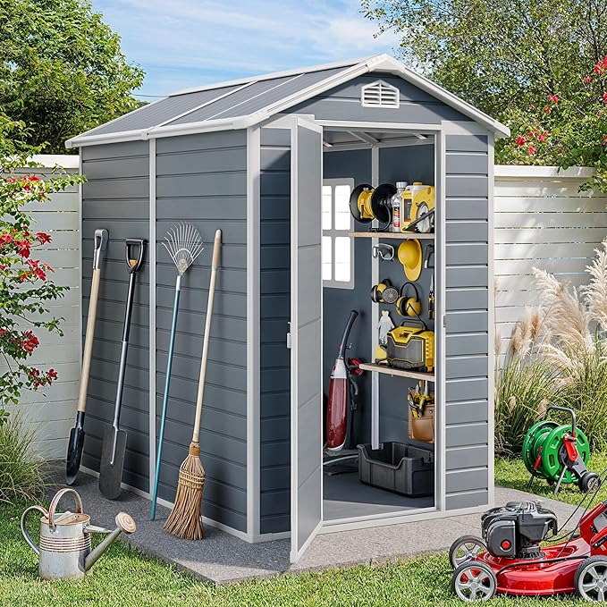 Gizoon 6x4 FT Outdoor Storage Shed with Floor, Resin Garden Tool Shed with Lockable Doors, Window, Vents, Reinforced Steel Frame, Waterproof Plastic Storage Sheds for Backyard, Patio, Lawn