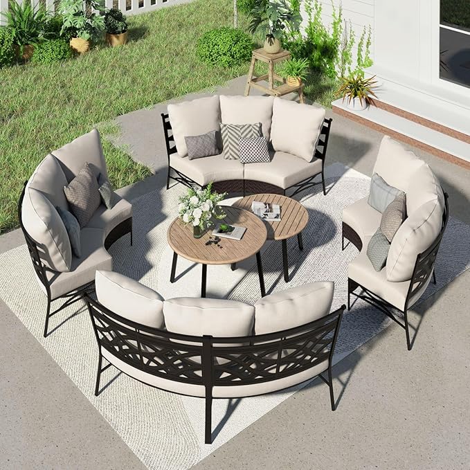 Sophia & William Half-Moon Patio Furniture Set, Curved Outdoor Sofa for 8 with Coffee Table, Wicker Sectional Sofa Outdoor Conversation Sets,Beige