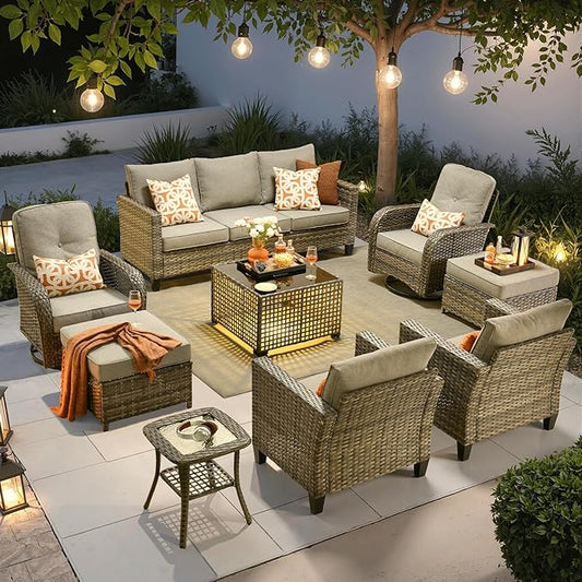ovios 9 Pieces Patio Furniture Set, Outdoor Wicker Sofa Couch with Rocking Swivel Chairs Solar Lights Table, Modern Deep Seat Rattan Conversation Sets for Porch Deck, Dark Grey
