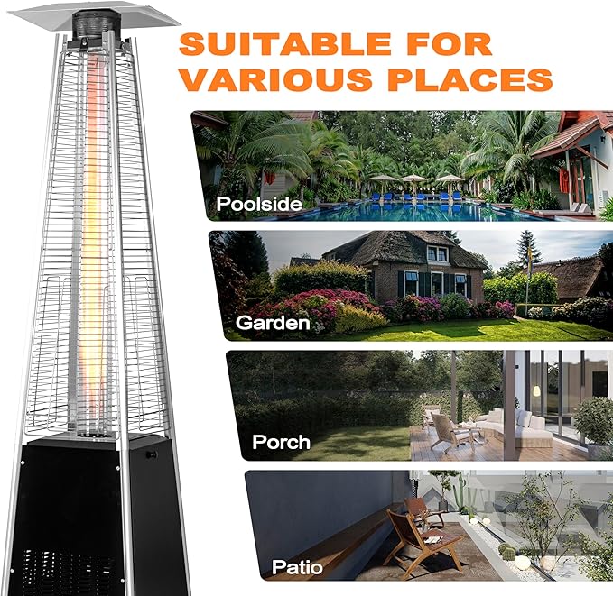 Nuu Garden Outdoor Propane Patio Heater, 48,000 BTU Pyramid Outdoor Heater with Wheels, Hammered Bronze Tower Portable Heater with Quartz Glass Tube, Black