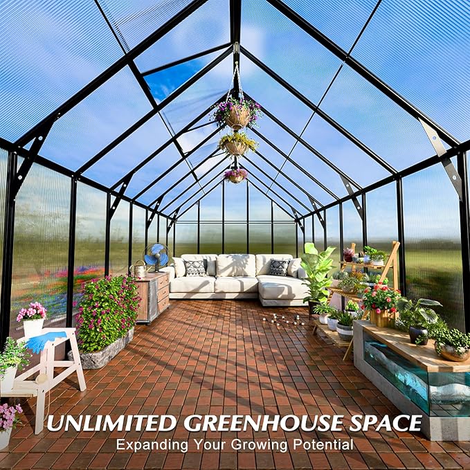10'x10'x16' Snap-Together Greenhouse - Easy 3-Way Connectors, Heavy-Duty Aluminum Frame, Wind/Snow Resistant for Gardening/Urban Farming, Includes Sliding Door & Ventilation Windows